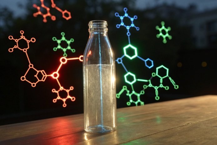 Clear glass bottle with colorful molecular structures background representing chemical compatibility