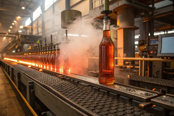 Hot glass bottle on conveyor line with steam during industrial bottle manufacturing