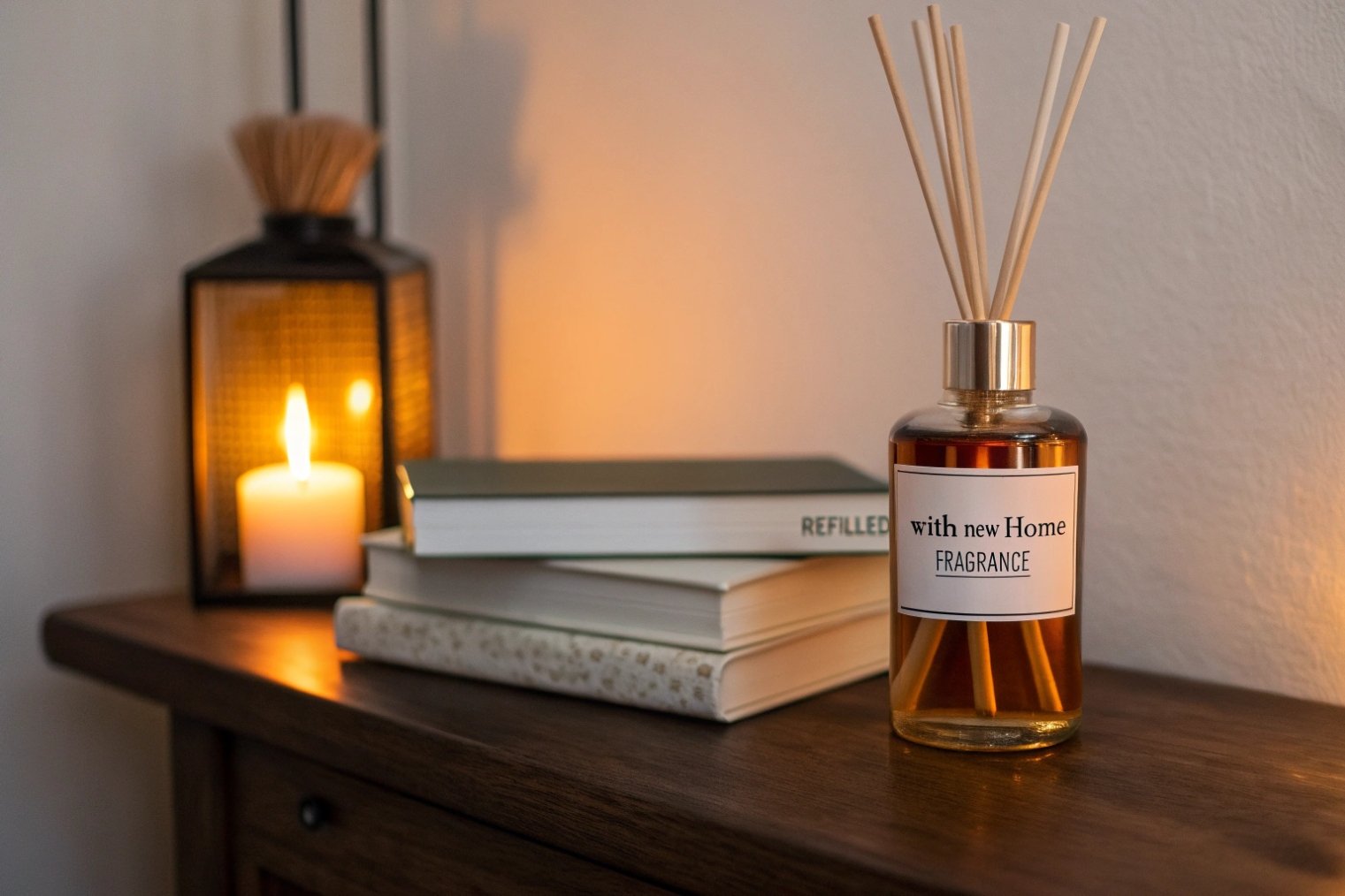 amber home fragrance reed diffuser bottle on wooden shelf with candle and books