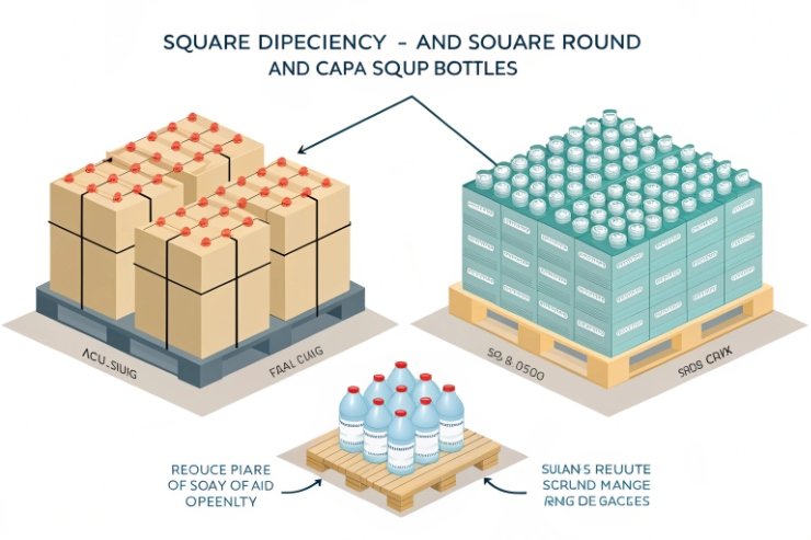 Packaging diagram showing stacking of square and round bottles on pallets