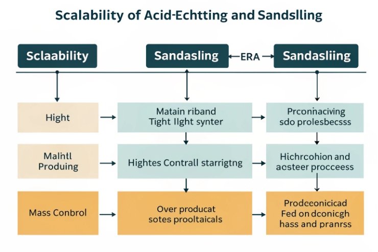 Flowchart showing scalability of acid etching and sandblasting for glass bottle finishing