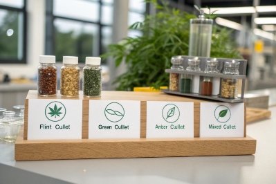 Cullet color samples labeled flint green amber and mixed for sustainable glass production