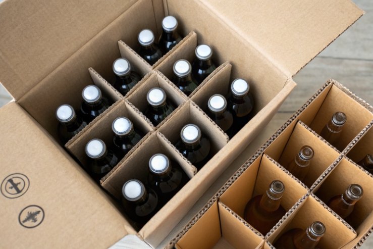 Top view of cardboard shipping boxes with partitioned glass beverage bottles ready for transport