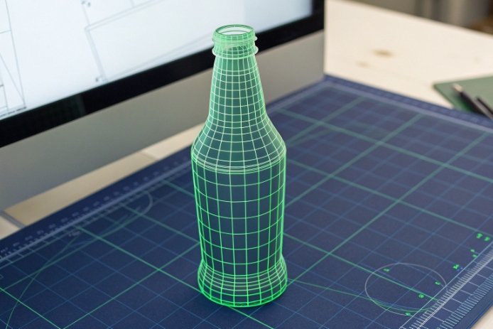 Green wireframe 3D bottle model on CAD workstation for packaging design simulation
