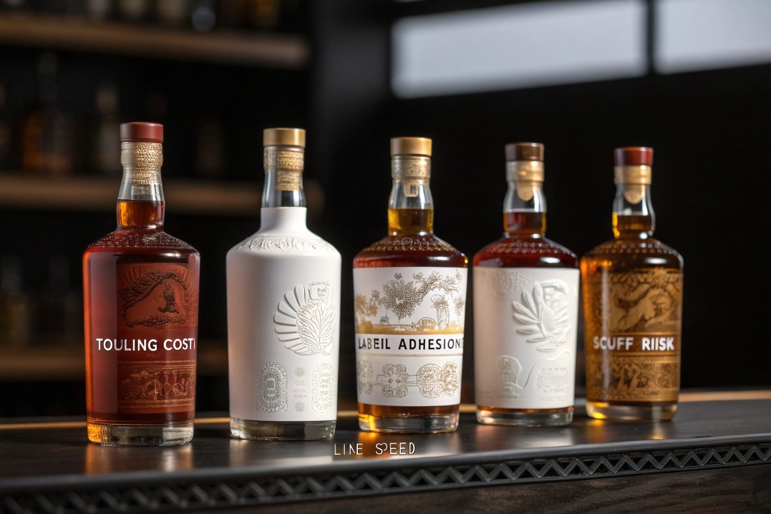 Line of embossed premium whiskey glass bottles showcasing decorative labeling and branding options