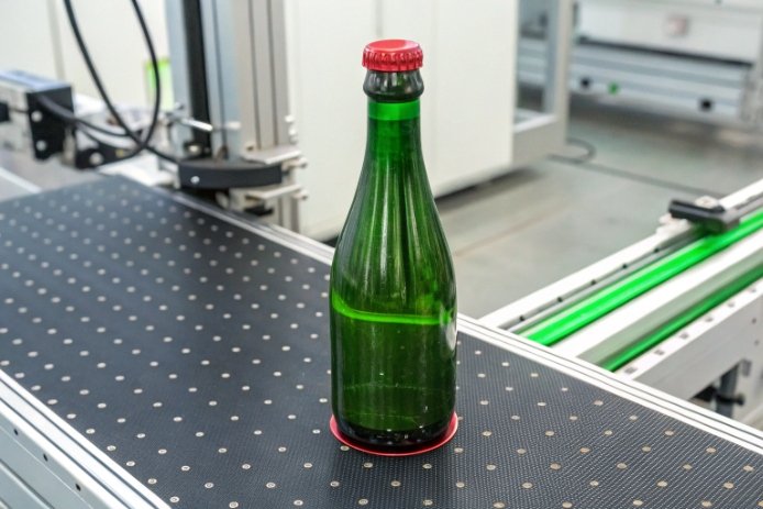 Green glass bottle on conveyor belt in factory for inline inspection and sorting