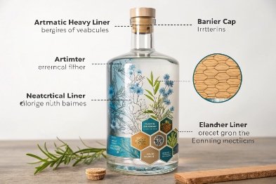 Gin bottle diagram highlighting barrier cap and liner system for aroma protection