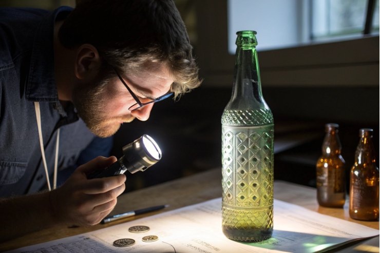 Quality inspector checks embossed green glass bottle with flashlight for defects and clarity.