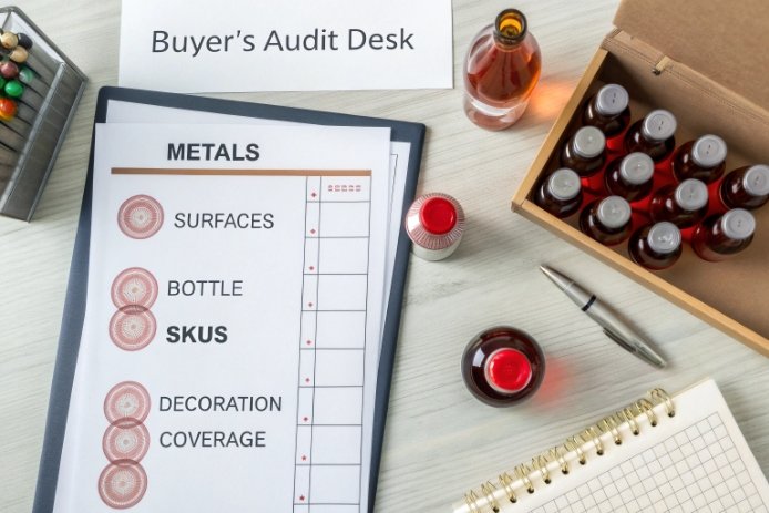 Buyer audit desk with metals checklist, sample bottles and quality inspection documents