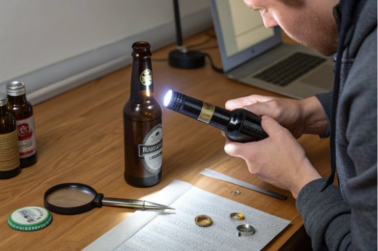 Quality inspector checks amber beer bottle with flashlight on desk during inspection.