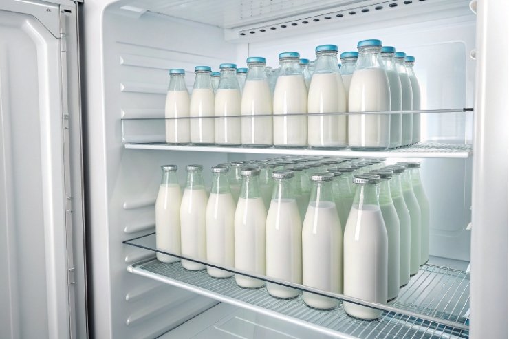 Refrigerator shelves stocked with capped glass milk bottles ready for delivery