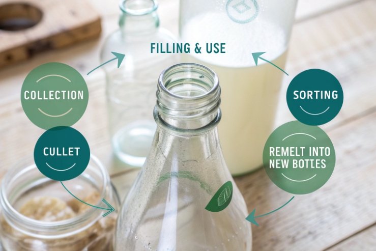 Recycling loop infographic showing glass bottles collection cullet remelt and refill stages