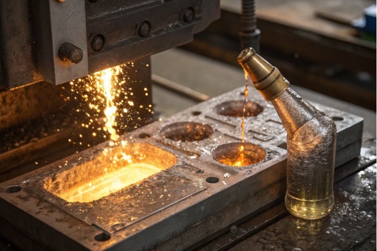 Molten glass poured into mold beside finished bottle during hot-end forming process