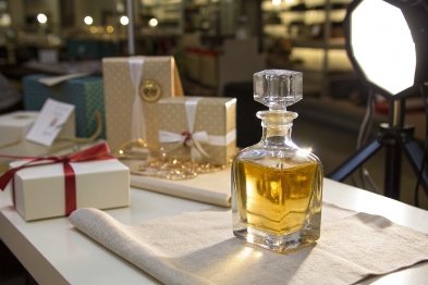 Premium square glass decanter filled with amber liquor on packaging table