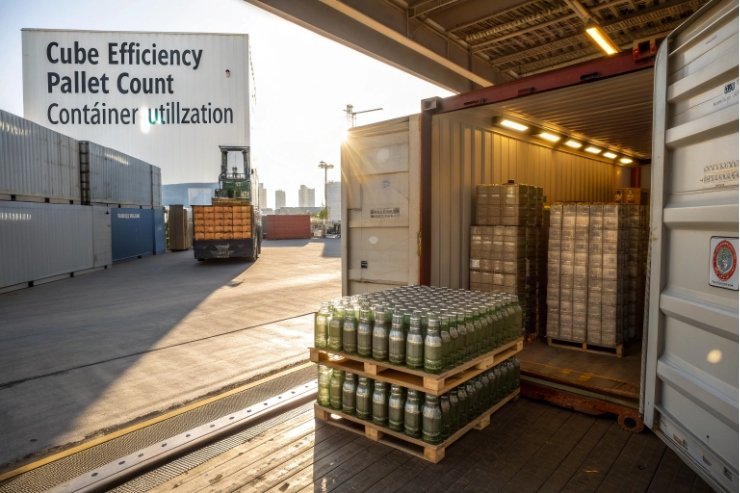 Palletized glass bottles being loaded into shipping container for export logistics
