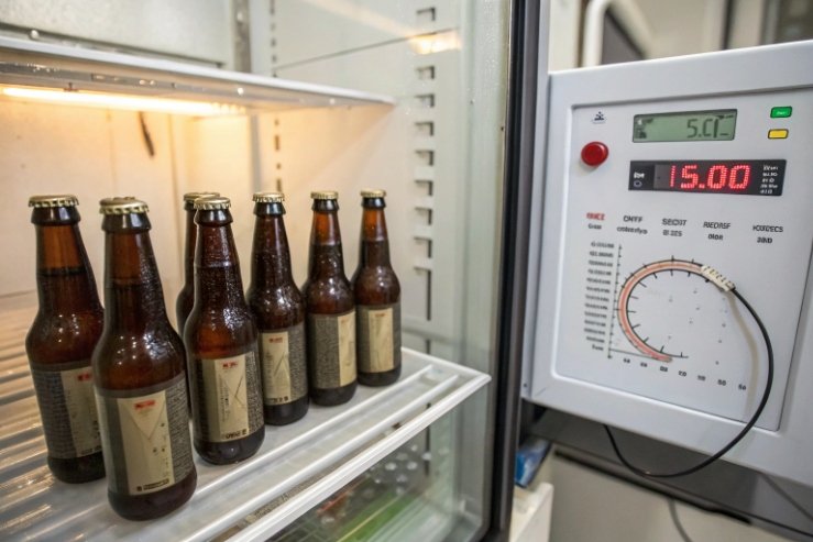 Thermal shock test cabinet holding beer bottles with temperature controller for glass durability.