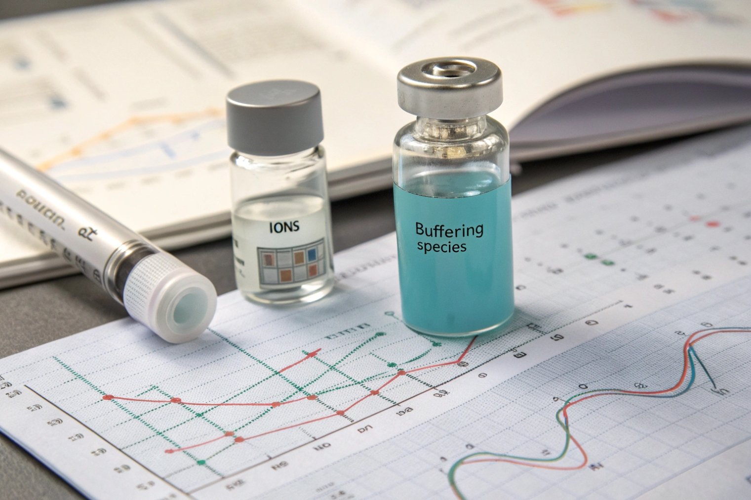 Pharmaceutical vials with ions and buffer solutions on analytical stability graphs