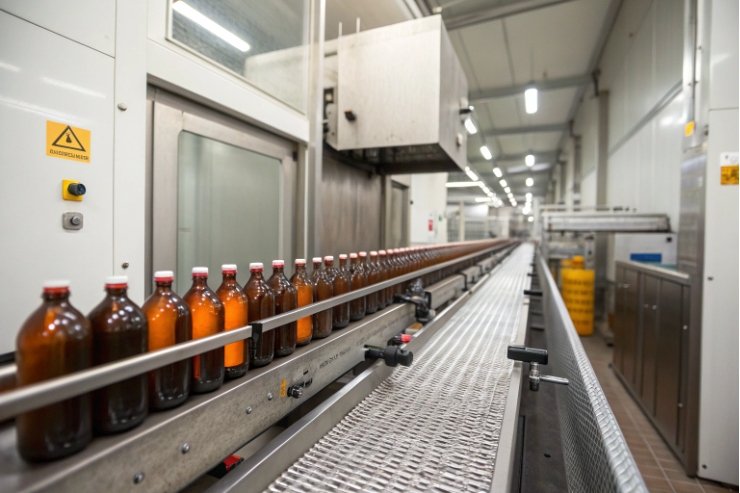 Amber pharmaceutical glass bottles travel on clean conveyor inside hygienic filling facility.