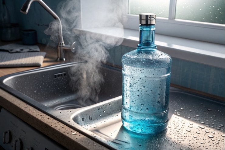 Blue water jug bottle on sink with condensation and steam in morning light