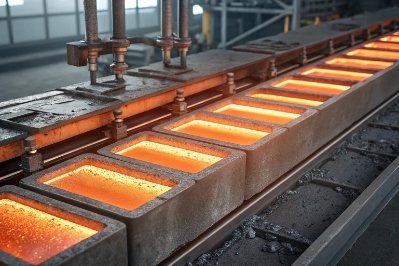 Molten glass molds glowing on automated forming line inside glass factory