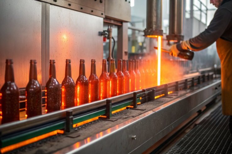 Hot glass bottles exiting lehr with operator monitoring annealing line in factory