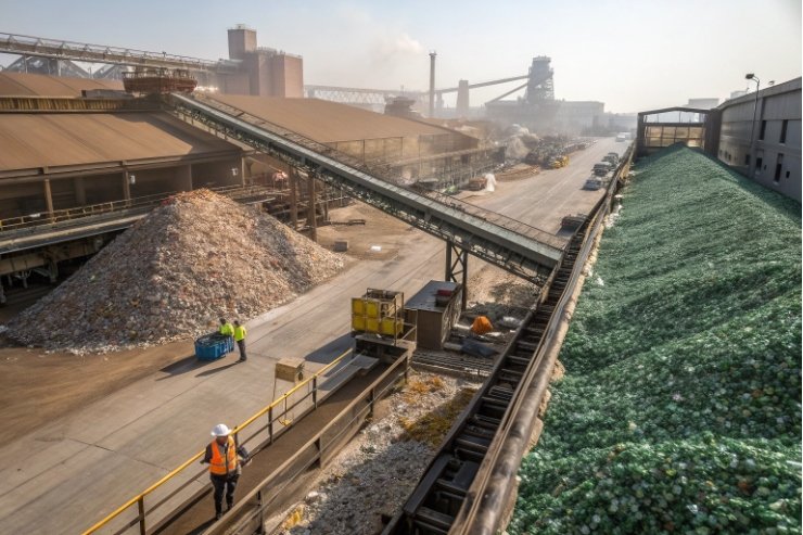 Recycled glass cullet on conveyors at recycling facility with workers monitoring process