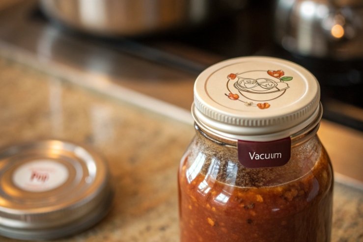 Glass jar of chunky sauce with vacuum lid, preserving freshness for export.