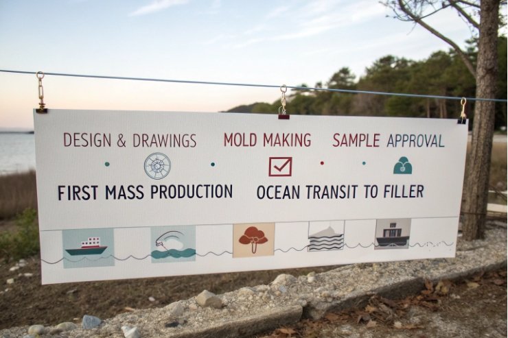 Project banner showing custom glass bottle production steps from design to ocean transit and filling