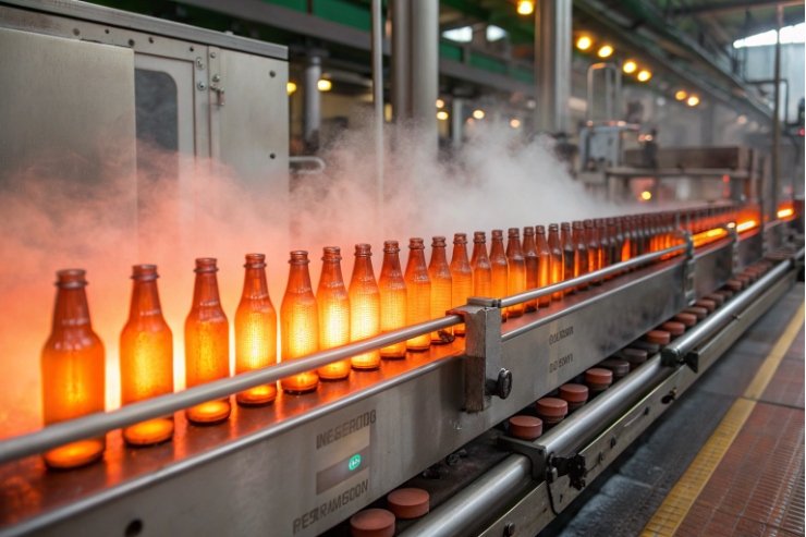 Hot amber glass bottles on conveyor cooling after forming in factory