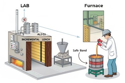 Lab to furnace workflow diagram showing batch testing and safe glass melting