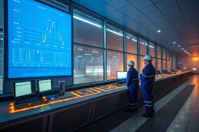 Glass plant control room with engineers monitoring production dashboards through observation windows