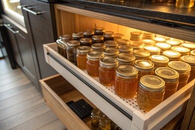Kitchen drawer filled with small honey jars in glass with gold lids for batch storage