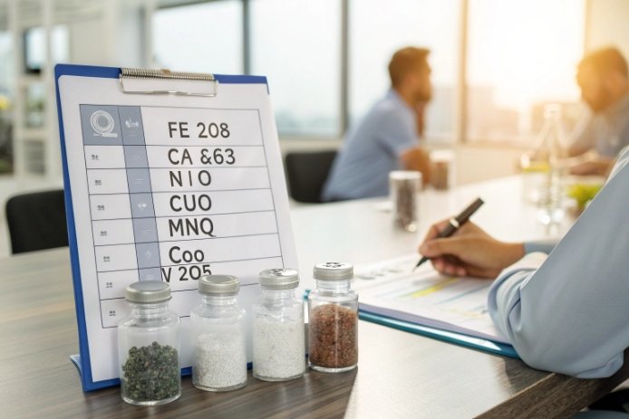 Lab technician reviews trace element checklist with sample jars for glass batch analysis