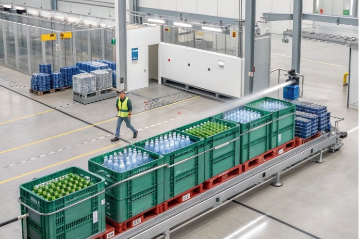 Returnable glass bottles in green crates moving through automated washing and sorting line.