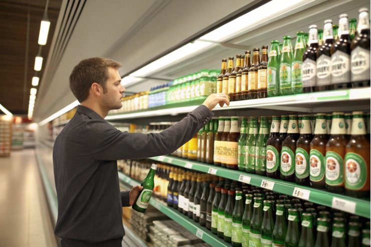 Customer choosing a beer bottle from supermarket shelf filled with glass bottles