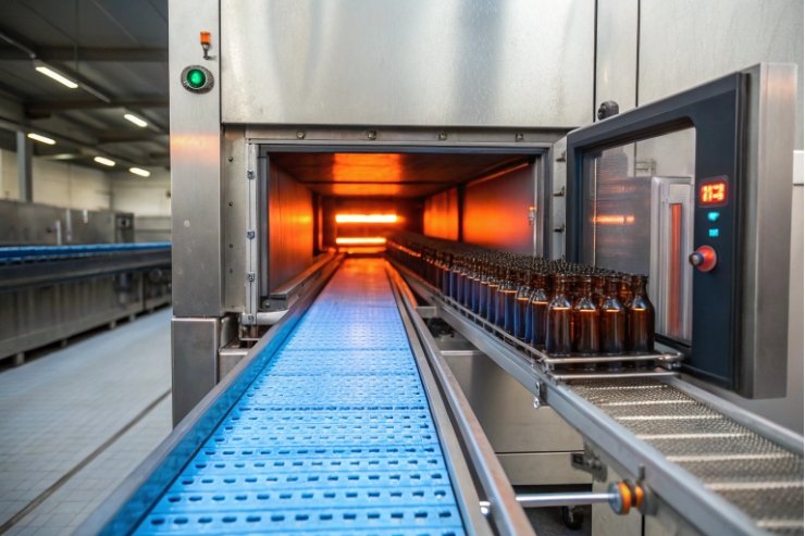 Amber glass bottles entering heat tunnel on conveyor for sterilization and drying