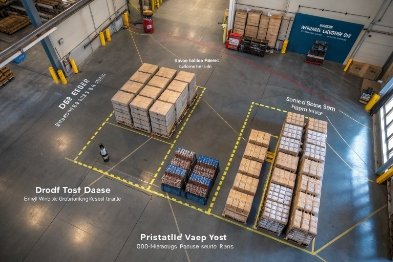 Warehouse floor plan with pallet stacks and marked storage lanes for beverage shipments