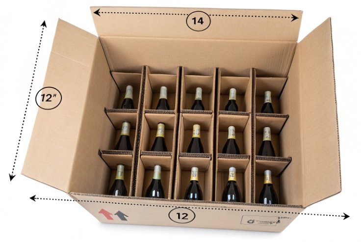 Cardboard case with dividers holding 12 wine bottles for safe bulk shipping