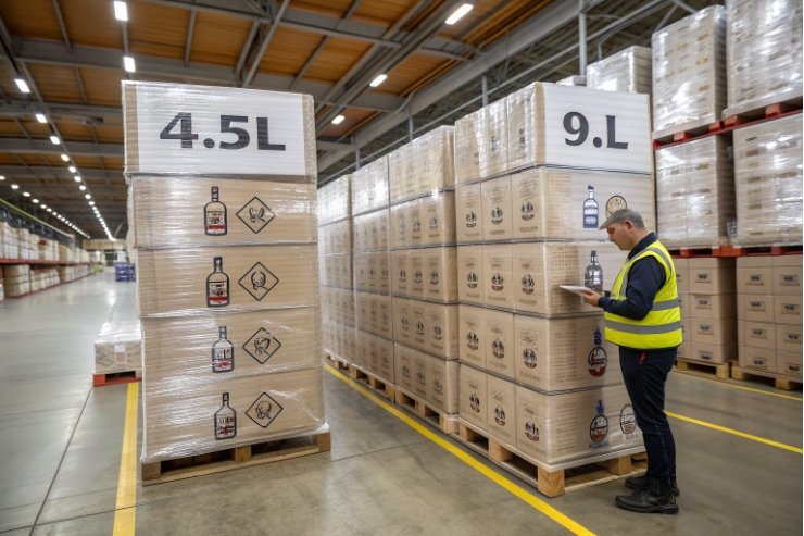 Warehouse pallets of spirits cartons labeled 4.5L and 9L with inspector