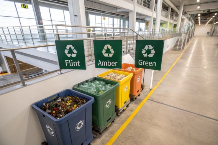 Recycling bins labeled flint amber green for sorted glass waste in factory