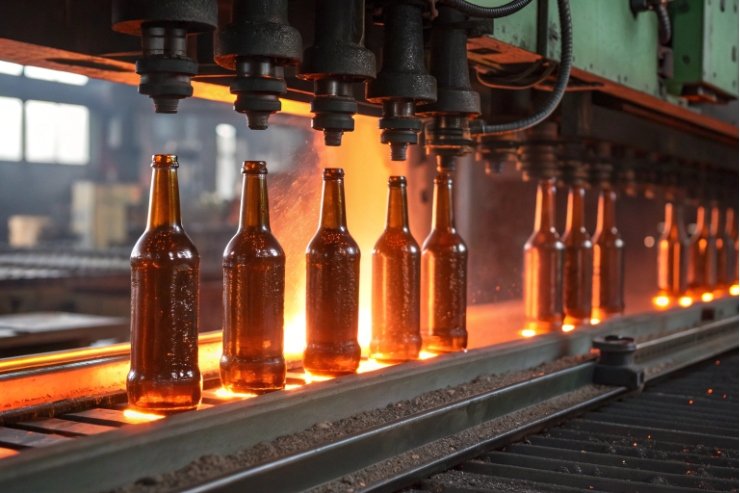 Amber glass bottles on hot-end conveyor under forming heads and heat treatment.