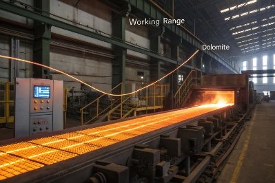 Hot glass forming line showing working range curve and dolomite addition in industrial furnace hall