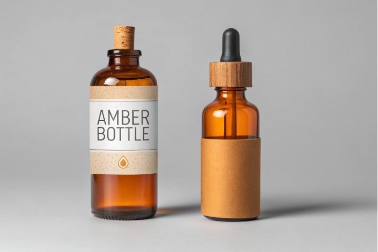 Amber glass bottle with cork and dropper set for cosmetics or essential oils