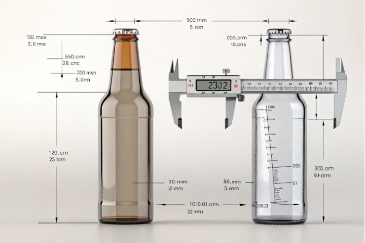 Beer bottle technical drawing with caliper measurements comparing amber and flint glass bottles