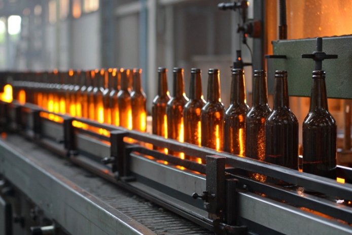 Amber glass bottles on conveyor passing annealing furnace heat zone for strength control