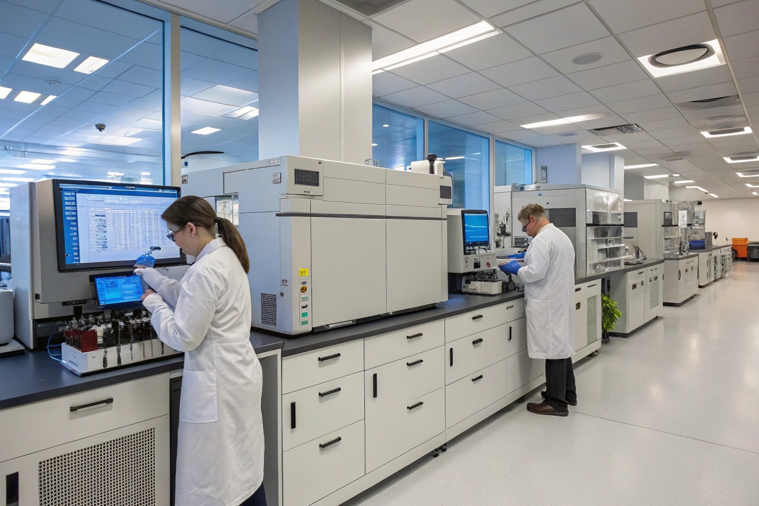 Scientists testing samples on advanced analytical instruments in modern pharmaceutical laboratory