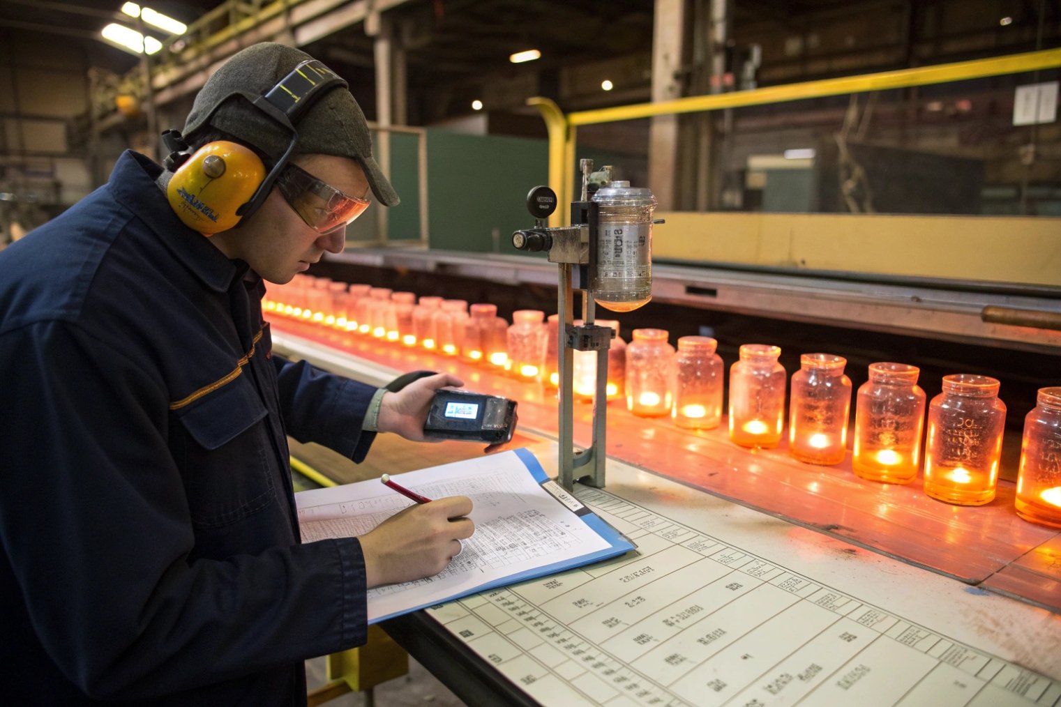 Factory technician inspecting hot glass jars on illuminated conveyor during quality control