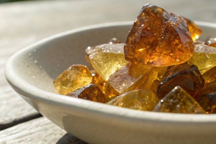Amber and clear glass cullet pieces in bowl, recycled glass raw material close-up
