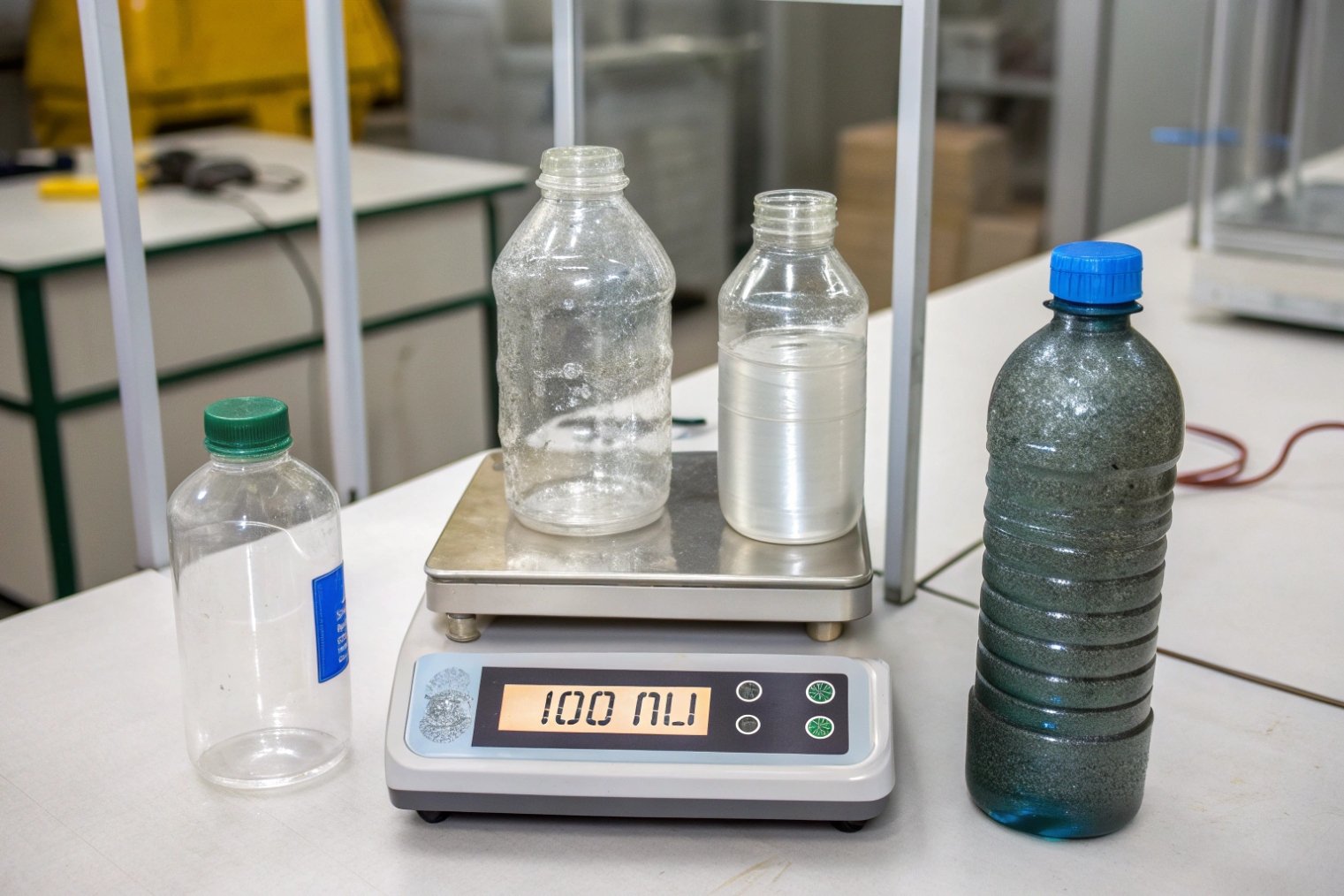 laboratory scale weighing recycled plastic bottles to compare material performance