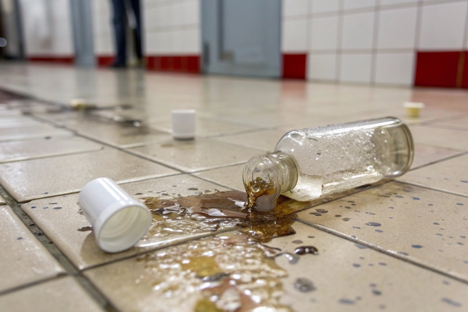 clear cosmetic bottle shattered and leaking brown liquid across tiled production floor